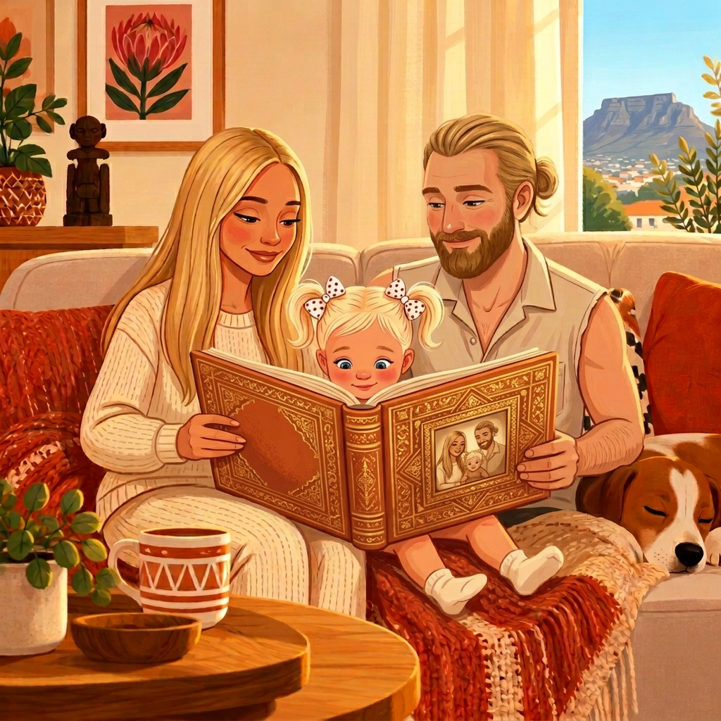 A blonde mother, father and little girl sharing their family memory book